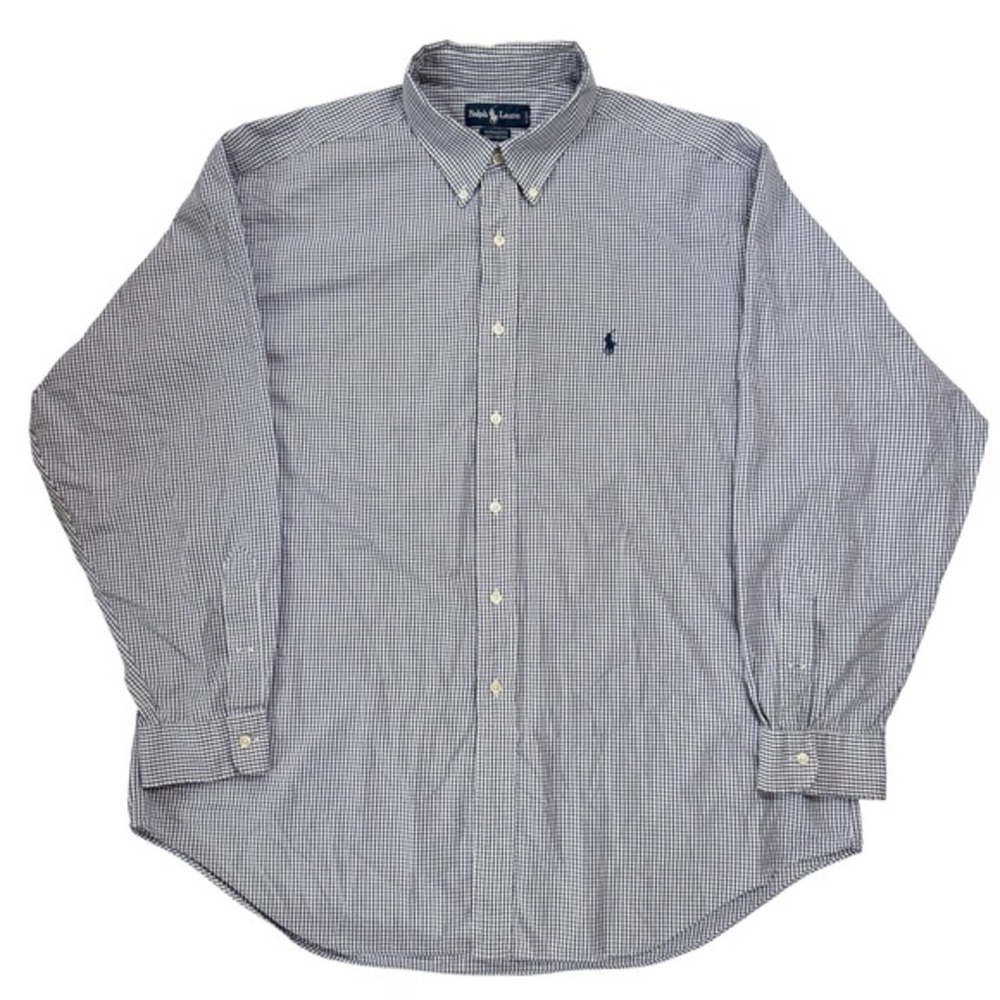Ralph Lauren Polo Dress Shirt Mens 17.5 35 Navy Blue‎ White 100% Yarmouth Cotton
